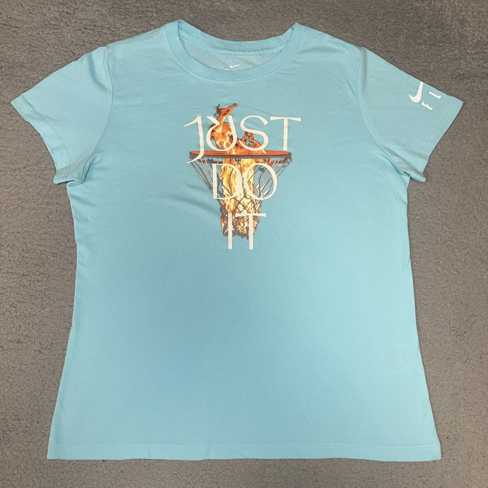 Nike Fly Just Do It T Shirt Women's Sz L Blue Dri-Fit Flaming Net Tee DM2569-482